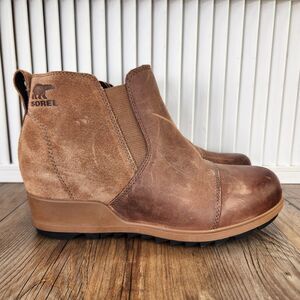 Sorel Evie Pull-On Wedge Boots Womens Sz 9 Brown Leather Boho Hidden Wedge Ankle